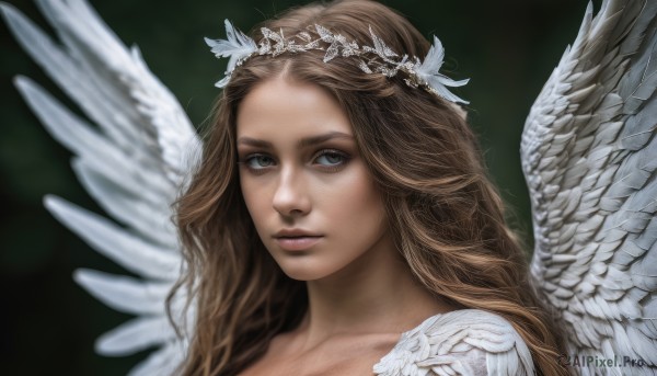 1girl,solo,long hair,looking at viewer,blue eyes,brown hair,hair ornament,green eyes,parted lips,wings,blurry,lips,grey eyes,portrait,feathered wings,angel wings,realistic,nose,white wings,angel,head wreath,simple background,brown eyes,tiara,feathers