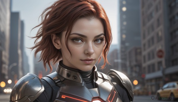 1girl,solo,looking at viewer,smile,short hair,brown hair,brown eyes,closed mouth,upper body,outdoors,artist name,armor,blurry,lips,bodysuit,depth of field,blurry background,ground vehicle,shoulder armor,building,portrait,motor vehicle,freckles,city,realistic,nose,car,power armor,sky,day,wind,lens flare,pauldrons,cityscape,shoulder pads,bokeh