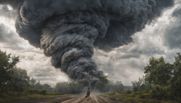 solo, 1boy, outdoors, sky, cloud, tree, bird, cloudy sky, nature, scenery, forest, monster, oversized animal