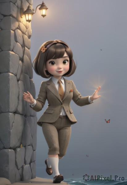 1girl,solo,looking at viewer,blush,smile,short hair,bangs,brown hair,shirt,hair ornament,long sleeves,bow,brown eyes,closed mouth,standing,jacket,full body,white shirt,hair bow,hairband,outdoors,necktie,sky,shoes,shorts,socks,collared shirt,belt,pants,water,lips,kneehighs,ocean,beach,brown footwear,formal,bob cut,blazer,standing on one leg,suit,bug,white socks,loafers,butterfly,child,walking,brown jacket,lantern,rock,grey jacket,sand,female child,wall,brown pants,yellow necktie,orange necktie,brown necktie,lighthouse,striped,grey background,black footwear,watermark,web address,orange bow,lamppost,stone wall