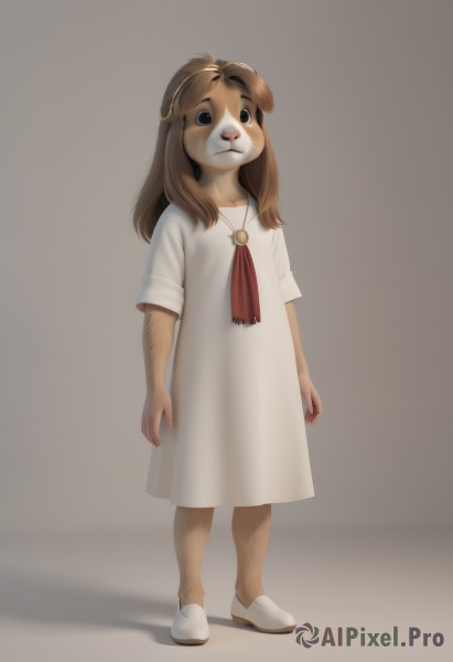 1girl,solo,long hair,looking at viewer,simple background,brown hair,dress,animal ears,brown eyes,jewelry,closed mouth,standing,full body,short sleeves,shoes,grey background,white dress,black eyes,ascot,parody,white footwear,dog ears,furry,brown background,dog,furry female,arms at sides,leg hair,arm hair,shadow,empty eyes,dog girl,body fur,two-tone fur