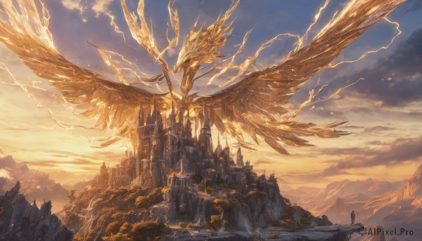 A majestic sunset outdoors featuring a dragon