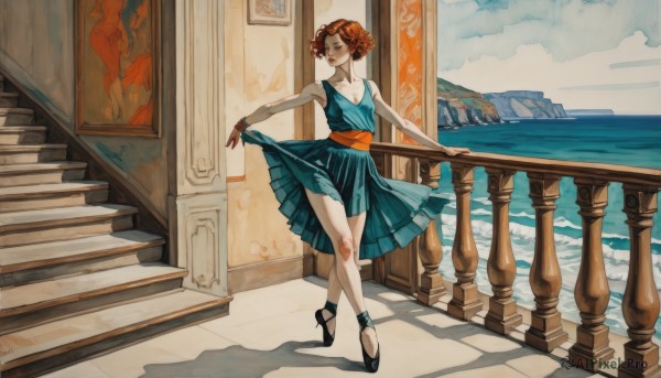 1girl,solo,breasts,smile,short hair,brown hair,dress,bare shoulders,brown eyes,standing,collarbone,full body,closed eyes,small breasts,outdoors,sky,sleeveless,day,cloud,indoors,signature,water,hair bun,black footwear,high heels,lips,bare arms,sleeveless dress,blue dress,shadow,ocean,cloudy sky,walking,curly hair,stairs,mountain,skirt hold,railing,horizon,wide shot,picture frame,waves,painting (object),cleavage,jewelry,medium breasts,shoes,artist name,clothes lift,sash,bare legs,makeup,lifted by self,dress lift,pleated dress,dancing