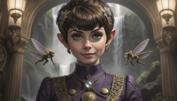 1girl,solo,looking at viewer,smile,short hair,bangs,multiple girls,brown hair,hair ornament,dress,jewelry,closed mouth,green eyes,yellow eyes,upper body,earrings,outdoors,wings,solo focus,pointy ears,water,necklace,hair bun,blurry,lips,eyelashes,makeup,depth of field,brooch,gem,portrait,purple dress,flying,lantern,realistic,nose,fantasy,fairy wings,fairy,pillar,waterfall,blurry background,red lips,insect wings