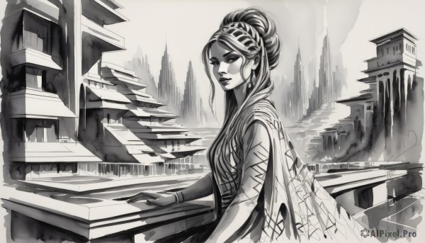 1girl,solo,long hair,breasts,looking at viewer,dress,jewelry,monochrome,upper body,braid,greyscale,earrings,parted lips,hair bun,bracelet,from side,lips,makeup,single hair bun,lipstick,building,instrument,stairs,architecture,east asian architecture,sitting,city,music,cityscape,piano