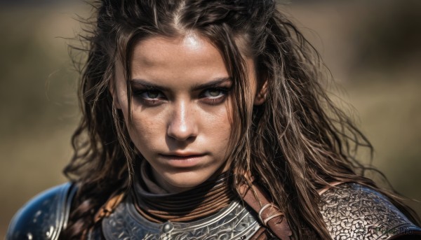 1girl,solo,long hair,looking at viewer,brown hair,brown eyes,closed mouth,upper body,armor,blurry,lips,blurry background,wavy hair,shoulder armor,messy hair,portrait,close-up,forehead,freckles,curly hair,pauldrons,breastplate,realistic,nose,chainmail