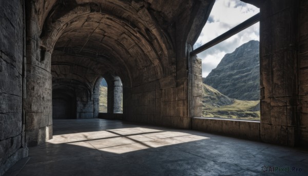 outdoors,sky,day,cloud,indoors,water,blue sky,no humans,window,sunlight,cloudy sky,building,scenery,mountain,wall,ruins,pillar,landscape,arch,shadow,fantasy,architecture,column