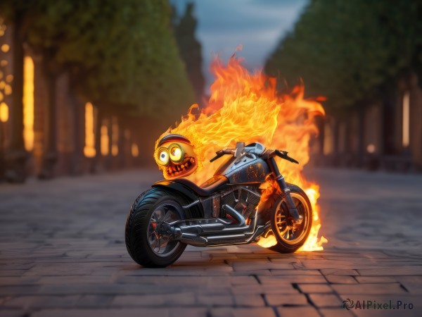 solo,outdoors,day,blurry,tree,no humans,depth of field,blurry background,fire,ground vehicle,motor vehicle,road,motorcycle,burning,fiery hair,sky,scenery,street