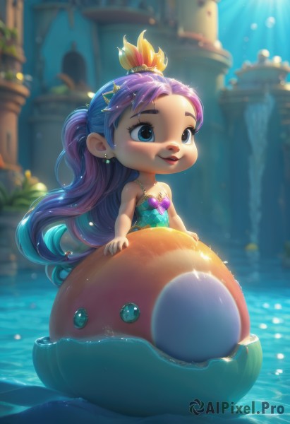 1girl,solo,long hair,smile,blue eyes,hair ornament,dress,bare shoulders,jewelry,sitting,very long hair,closed mouth,collarbone,swimsuit,ponytail,purple hair,flower,multicolored hair,earrings,outdoors,artist name,signature,water,chibi,blurry,lips,one-piece swimsuit,bare arms,strapless,depth of field,blurry background,sunlight,looking up,gem,child,partially submerged,light rays,underwater,red lips,shell,pillar,shell hair ornament,breasts,blush,day,necklace,two-tone hair,sparkle,crown,freckles,mermaid