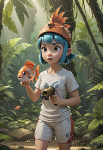 1girl,solo,short hair,open mouth,shirt,hat,holding,brown eyes,blue hair,standing,white shirt,short sleeves,outdoors,parted lips,shorts,tree,lips,gun,aqua hair,animal,leaf,sunlight,plant,t-shirt,child,nature,forest,fish,white shorts,rock,camera,teeth,day,watermark,helmet,realistic,nose,holding animal