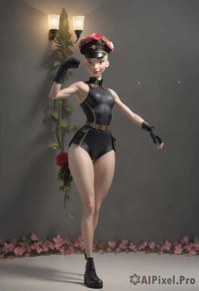 1girl,solo,breasts,looking at viewer,smile,short hair,black hair,gloves,hat,bare shoulders,brown eyes,standing,full body,flower,thighs,small breasts,boots,sleeveless,black gloves,belt,fingerless gloves,armpits,black footwear,uniform,black eyes,leotard,lips,military,bare legs,black headwear,military uniform,rose,red flower,peaked cap,military hat,red rose,ankle boots,shoes,thigh gap,clenched hand,pink flower,pouch