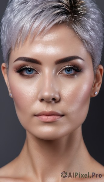 1girl,solo,looking at viewer,short hair,blue eyes,simple background,1boy,jewelry,closed mouth,collarbone,white hair,grey hair,male focus,multicolored hair,earrings,shiny,two-tone hair,lips,eyelashes,piercing,black background,ear piercing,portrait,close-up,realistic,nose,stud earrings,very short hair,undercut,smile