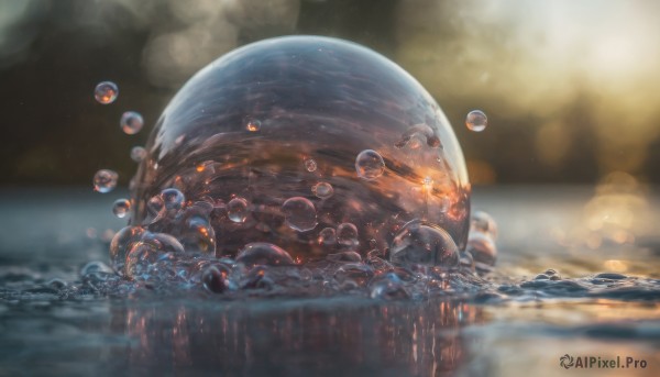 water, blurry, no humans, depth of field, blurry background, scenery, reflection, bubble, planet