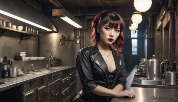 1girl,solo,long hair,breasts,looking at viewer,bangs,brown hair,black hair,red eyes,cleavage,brown eyes,jewelry,medium breasts,collarbone,jacket,ponytail,red hair,multicolored hair,parted lips,open clothes,indoors,medium hair,necklace,nail polish,two-tone hair,open jacket,cup,lips,black jacket,fingernails,eyelashes,gradient hair,makeup,lipstick,red nails,zipper,realistic,nose,unzipped,red lips,lamp,leather,kitchen,leather jacket,partially unzipped,sink,counter,faucet,cabinet,stove,cutting board