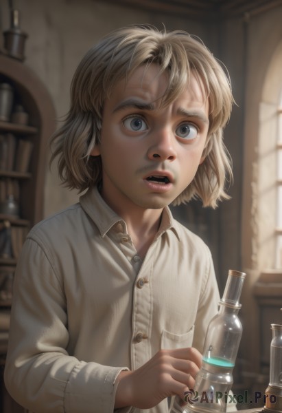 1girl,solo,looking at viewer,short hair,open mouth,blue eyes,blonde hair,shirt,long sleeves,1boy,holding,white shirt,upper body,male focus,parted lips,teeth,collared shirt,indoors,blurry,grey eyes,book,window,buttons,blurry background,facial hair,bottle,child,freckles,wide-eyed,realistic,bookshelf,female child,male child,flask,lips,dress shirt,depth of field,watermark,sunlight,thick eyebrows,messy hair,nose,mustache,jar,potion