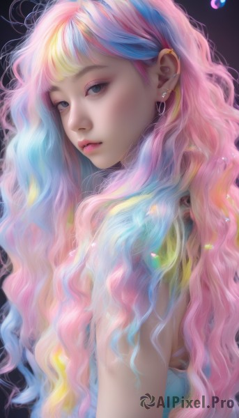 1girl,solo,long hair,looking at viewer,bangs,blue eyes,blonde hair,simple background,jewelry,closed mouth,blue hair,upper body,pink hair,multicolored hair,earrings,sleeveless,from side,two-tone hair,lips,eyelashes,gradient hair,makeup,wavy hair,piercing,lipstick,black background,ear piercing,eyeshadow,pink lips,realistic,nose,rainbow hair,artist name,mascara