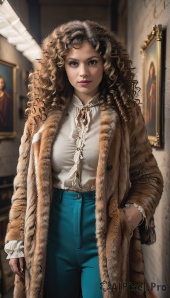 1girl,solo,long hair,breasts,looking at viewer,smile,brown hair,shirt,long sleeves,brown eyes,jewelry,closed mouth,standing,white shirt,cowboy shot,frills,open clothes,pants,indoors,dark skin,blurry,dark-skinned female,lips,coat,fur trim,makeup,buttons,blurry background,denim,arm at side,curly hair,hand in pocket,open coat,jeans,realistic,nose,blue pants,shirt tucked in,frilled shirt,brown coat,fashion,fur coat,high-waist pants,blonde hair,nail polish,watermark,blouse,brown jacket