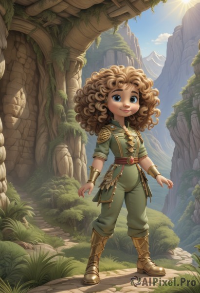 1girl,solo,long hair,looking at viewer,smile,blue eyes,brown hair,jewelry,standing,full body,boots,outdoors,sky,day,belt,pants,cloud,flat chest,bracelet,blue sky,lips,brown footwear,sunlight,grass,plant,wristband,child,curly hair,rock,mountain,fantasy,sun,bracer,green pants,brown eyes,artist name,armor,tree,leaf,female child