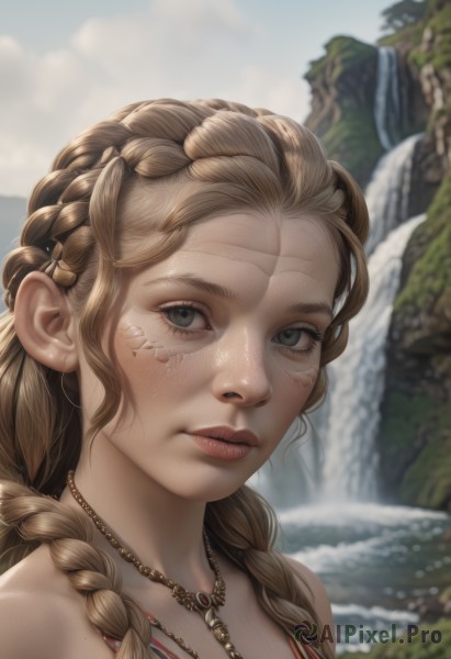 1girl,solo,long hair,looking at viewer,blue eyes,brown hair,bare shoulders,jewelry,closed mouth,upper body,braid,outdoors,day,water,necklace,blurry,twin braids,lips,grey eyes,blurry background,portrait,forehead,freckles,realistic,nose,waterfall,blonde hair,sky,artist name,mole,crown braid