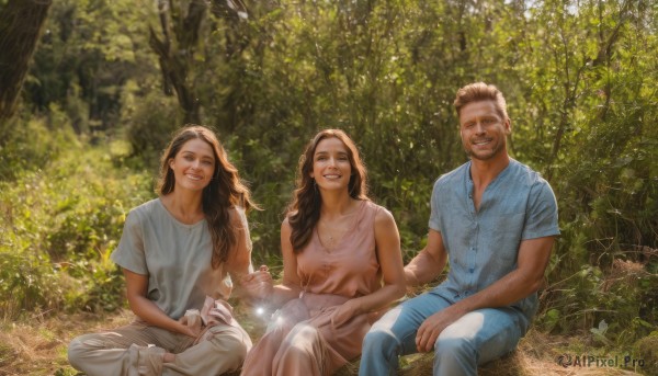 1girl,long hair,breasts,looking at viewer,smile,open mouth,multiple girls,brown hair,shirt,1boy,dress,2girls,brown eyes,jewelry,sitting,white shirt,short sleeves,outdoors,multiple boys,teeth,sleeveless,day,pants,dark skin,2boys,necklace,grin,tree,sleeveless dress,facial hair,siblings,animal,sunlight,cat,grass,blue shirt,plant,denim,child,pink dress,nature,beard,forest,curly hair,jeans,realistic,brother and sister,mustache,blue pants,female child,mother and daughter,father and daughter,family,husband and wife,mother and son,black hair,sisters