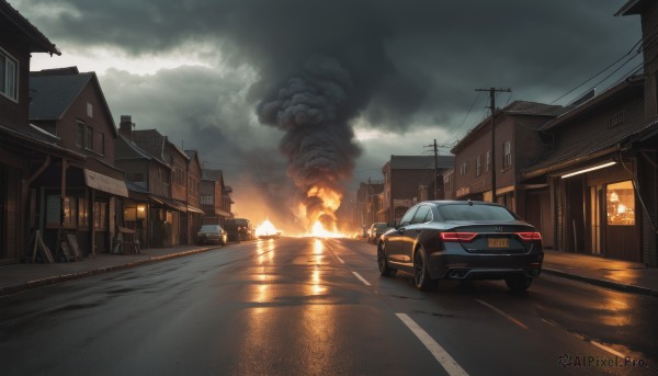 outdoors,sky,cloud,no humans,window,cloudy sky,fire,ground vehicle,building,scenery,motor vehicle,smoke,city,car,road,house,vehicle focus,power lines,lamppost,street,truck,water,reflection,sign,realistic,explosion,burning