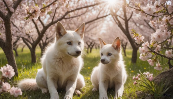 blue eyes, sitting, flower, outdoors, day, blurry, tree, no humans, depth of field, blurry background, animal, cat, grass, cherry blossoms, realistic, animal focus, spring (season)