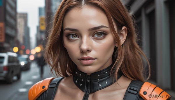 1girl,solo,long hair,looking at viewer,brown hair,brown eyes,collarbone,outdoors,medium hair,blurry,collar,lips,bodysuit,depth of field,blurry background,ground vehicle,portrait,motor vehicle,forehead,freckles,science fiction,city,realistic,nose,car,parted lips,day,building,close-up