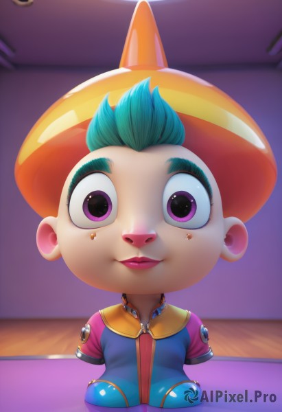 1girl,solo,looking at viewer,smile,short hair,1boy,hat,closed mouth,purple eyes,upper body,short sleeves,male focus,green hair,artist name,indoors,pink eyes,star (symbol),lips,male child,clown,animal ears,jewelry,sitting,blue hair,jacket,full body,multicolored hair,earrings,flat chest,two-tone hair,aqua hair,makeup,blurry background,watermark,multicolored clothes,furry,zipper,wide-eyed,doll,furry female,body fur,straight-on,animal nose,jumpsuit,yellow headwear,two-tone fur