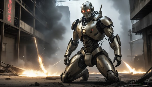 HQ,solo,red eyes,military,no humans,kneeling,glowing,fire,robot,building,mecha,glowing eyes,smoke,science fiction,city,realistic,military vehicle,cable,explosion,ruins,damaged,embers,burning,radio antenna,looking at viewer,1boy,weapon,signature,antennae,one knee,power lines,dust,sparks