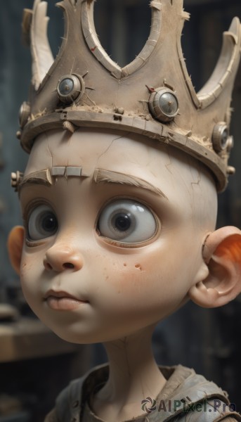 solo,looking at viewer,blue eyes,1boy,closed mouth,male focus,blurry,black eyes,lips,grey eyes,blurry background,crown,child,portrait,freckles,male child,necklace,armor,helmet,realistic