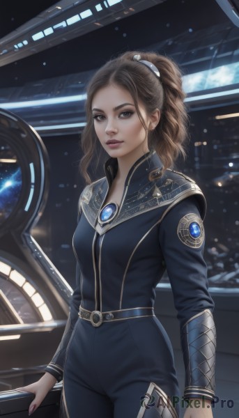 1girl,solo,long hair,breasts,looking at viewer,brown hair,brown eyes,jewelry,standing,ponytail,cowboy shot,earrings,parted lips,belt,indoors,nail polish,lips,window,bodysuit,makeup,lipstick,brooch,gem,science fiction,realistic,space,planet,spacecraft