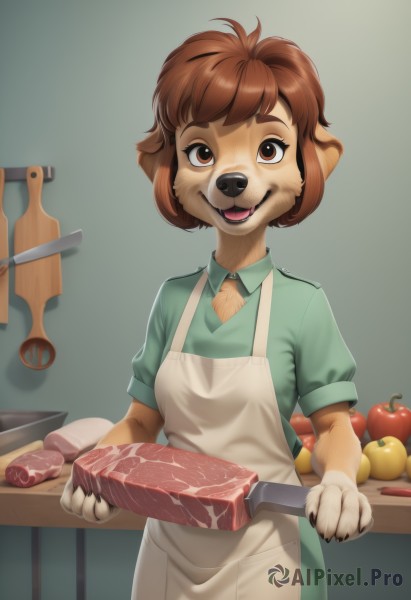 1girl,solo,breasts,looking at viewer,smile,short hair,open mouth,bangs,brown hair,shirt,holding,animal ears,brown eyes,standing,short sleeves,cowboy shot,small breasts,food,teeth,shiny,collared shirt,artist name,indoors,signature,apron,flat chest,fruit,fangs,happy,holding food,knife,dog ears,white apron,furry,green background,dog tail,green shirt,furry female,apple,dog girl,body fur,straight-on,cooking,animal nose,meat,snout,brown fur,two-tone fur,buck teeth,green apron,cutting board,puffy sleeves,puffy short sleeves,:3,blue shirt,wing collar,dog,boned meat