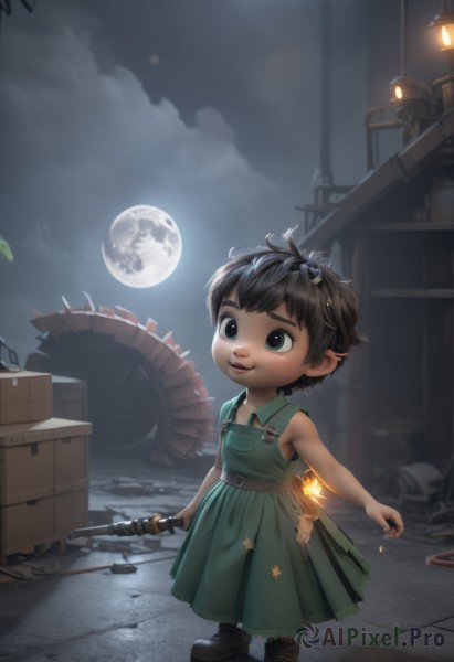 1girl,solo,smile,short hair,blue eyes,brown hair,black hair,1boy,dress,holding,standing,full body,weapon,male focus,boots,outdoors,parted lips,sky,sleeveless,pointy ears,belt,artist name,cloud,black eyes,torn clothes,bare arms,night,sleeveless dress,moon,cloudy sky,box,child,night sky,full moon,cross-laced footwear,freckles,green dress,female child,male child,hammer,cardboard box,crate,open mouth,skirt,shirt,teeth,star (symbol),brown footwear,bug,green shirt,antennae,overalls