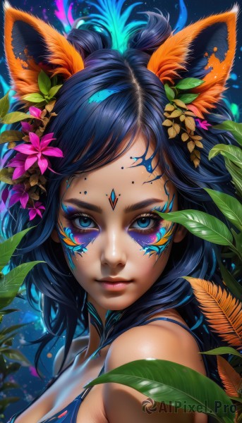 1girl,solo,long hair,breasts,looking at viewer,smile,bangs,blue eyes,black hair,hair ornament,animal ears,cleavage,bare shoulders,medium breasts,closed mouth,blue hair,upper body,flower,shiny,artist name,cat ears,hair flower,dark skin,dark-skinned female,lips,fox ears,eyelashes,makeup,leaf,watermark,facial mark,plant,portrait,pink flower,eyeshadow,pink lips,nose,eyeliner,facepaint,mascara,multicolored hair,feathers,strap gap