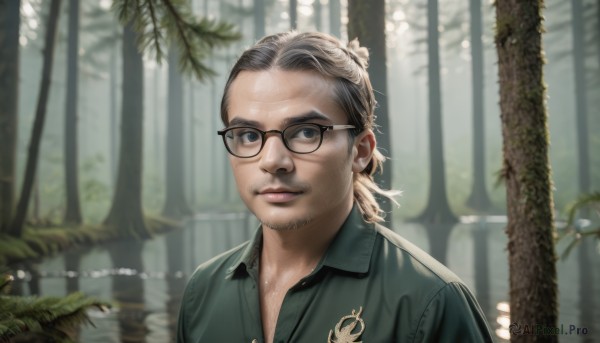 solo,looking at viewer,shirt,1boy,closed mouth,upper body,ponytail,grey hair,male focus,outdoors,parted lips,glasses,collared shirt,signature,water,blurry,black eyes,tree,lips,depth of field,blurry background,facial hair,portrait,nature,beard,forest,black-framed eyewear,realistic,green shirt,stubble,old,old man,river,wrinkled skin,blue eyes,brown hair,artist name