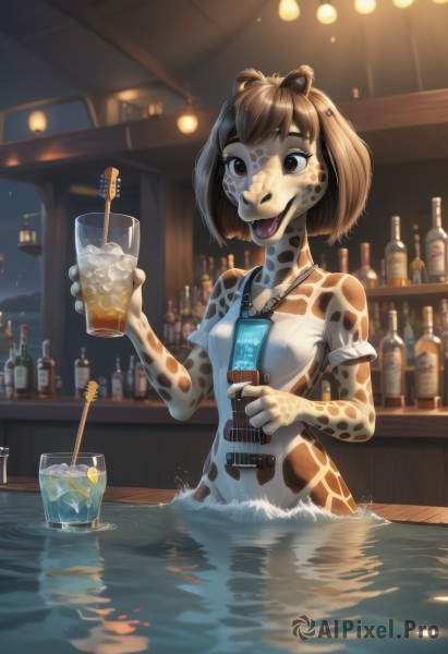 1girl,solo,breasts,smile,short hair,open mouth,bangs,brown hair,hair ornament,holding,animal ears,brown eyes,small breasts,sky,tongue,artist name,indoors,signature,tongue out,water,cup,wet,night,colored skin,bob cut,bottle,monster girl,instrument,armband,holding cup,furry,alcohol,drinking glass,partially submerged,ice,drinking straw,drink,furry female,music,body fur,id card,holding instrument,bear ears,animal nose,bar (place),ice cube,counter,furrification,otter ears,whiskey,collarbone,:d,nude,food,blurry,fruit,fangs,dog ears,wading,white skin,guitar,facepaint,snout,brown fur,yellow skin