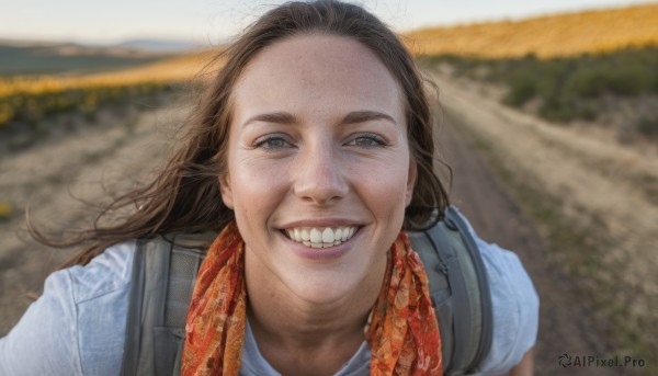 1girl,solo,long hair,looking at viewer,smile,open mouth,brown hair,shirt,1boy,brown eyes,white shirt,upper body,outdoors,teeth,day,bag,scarf,grin,blurry,depth of field,blurry background,backpack,blue shirt,portrait,forehead,freckles,realistic,:d,male focus,vest,thick eyebrows,denim,overalls,blue vest,dirty,photo background,denim jacket