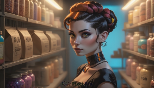 1girl,solo,breasts,looking at viewer,blush,short hair,brown hair,black hair,dress,cleavage,brown eyes,jewelry,closed mouth,collarbone,yellow eyes,upper body,braid,red hair,multicolored hair,earrings,choker,artist name,indoors,necklace,hair bun,orange hair,blurry,black dress,two-tone hair,lips,eyelashes,makeup,blurry background,black choker,single hair bun,thick eyebrows,bottle,lipstick,pendant,eyeshadow,freckles,realistic,nose,eyeliner,shelf,jar,mascara,hair ornament,purple hair,from side,gem,portrait,shop