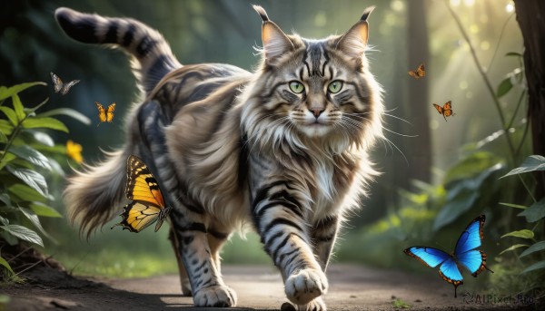 HQ,green eyes,full body,outdoors,day,signature,blurry,tree,no humans,depth of field,blurry background,animal,sunlight,cat,grass,bug,plant,butterfly,nature,forest,realistic,animal focus,blue butterfly,tiger,solo,looking at viewer,leaf,walking