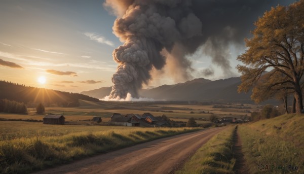 outdoors,sky,day,cloud,tree,blue sky,no humans,sunlight,cloudy sky,grass,ground vehicle,building,nature,scenery,motor vehicle,forest,smoke,sunset,mountain,sun,road,explosion,house,landscape