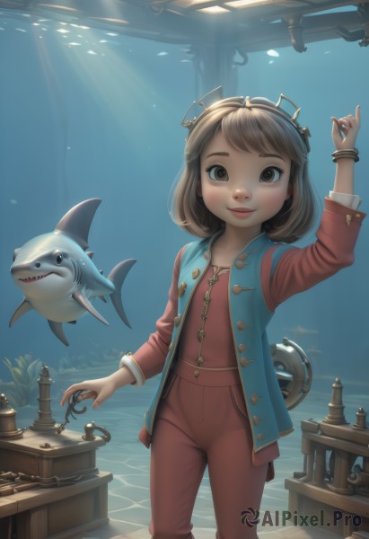 1girl,solo,looking at viewer,smile,short hair,bangs,brown hair,shirt,long sleeves,brown eyes,jewelry,closed mouth,standing,teeth,pants,indoors,water,vest,arm up,bracelet,lips,sunlight,child,fish,underwater,female child,red pants,shark,aquarium,blush,open mouth,collarbone,jacket,open clothes,day,artist name,hand up,flat chest,open jacket,ocean,crown,sharp teeth,blue jacket,red shirt,red jacket,light rays,red vest,key,whale