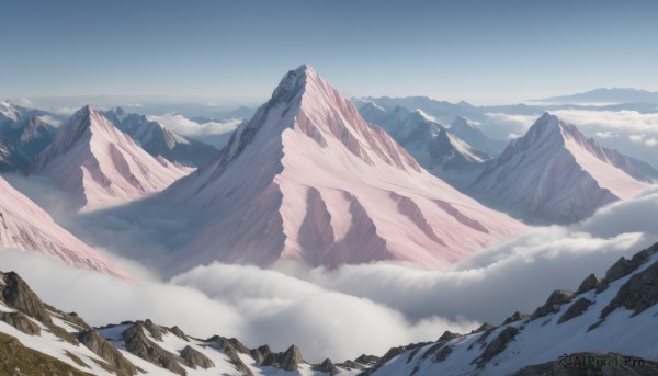 outdoors,wings,sky,day,cloud,blue sky,no humans,cloudy sky,nature,scenery,snow,mountain,landscape,mountainous horizon,fog,above clouds