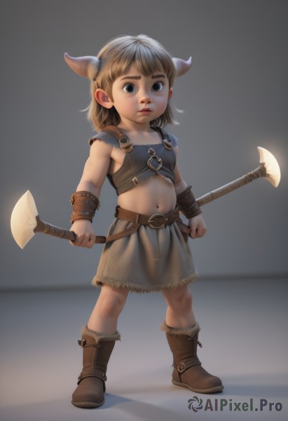 1girl,solo,looking at viewer,short hair,skirt,brown hair,navel,holding,brown eyes,standing,full body,weapon,boots,horns,midriff,belt,armor,black eyes,flat chest,lips,child,female child,axe,holding axe,blue eyes,aged down,realistic