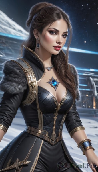 1girl,solo,long hair,breasts,looking at viewer,brown hair,cleavage,brown eyes,jewelry,medium breasts,weapon,cowboy shot,earrings,outdoors,parted lips,sky,belt,pants,necklace,blurry,black eyes,bracelet,lips,coat,grey eyes,fur trim,makeup,night,blurry background,black pants,lipstick,gem,star (sky),night sky,snow,pendant,eyeshadow,gold trim,snowing,nose,red lips,eyeliner,winter,artist name,knife,forehead,realistic,dagger,crystal earrings