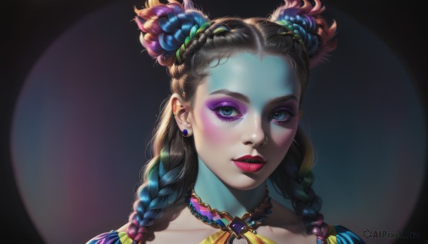 1girl,solo,long hair,looking at viewer,blush,smile,blue eyes,brown hair,black hair,hair ornament,twintails,jewelry,closed mouth,blue hair,collarbone,braid,flower,multicolored hair,earrings,parted lips,teeth,choker,artist name,hair flower,necklace,twin braids,lips,head tilt,eyelashes,gradient hair,makeup,colored skin,piercing,lipstick,ear piercing,pale skin,portrait,eyeshadow,freckles,beads,pink lips,realistic,nose,red lips,stud earrings,eyeliner,dark background,mascara,hair beads,multiple braids,hair bun,double bun,black background