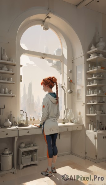 1girl,solo,long hair,brown hair,long sleeves,holding,closed mouth,standing,jacket,full body,braid,red hair,shoes,day,socks,pants,cloud,indoors,hood,hair bun,from behind,orange hair,apron,cup,window,single braid,hoodie,profile,shadow,looking away,sunlight,single hair bun,white footwear,hood down,bottle,white socks,building,sneakers,scenery,hooded jacket,plate,tiles,cityscape,teapot,tile floor,leggings,wide shot,white hoodie,ladle,kitchen,jar,sink,kettle,stove,hair ornament,coat,white jacket,braided ponytail,shelf