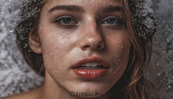 1girl,solo,long hair,looking at viewer,open mouth,brown hair,brown eyes,parted lips,teeth,water,lips,wet,portrait,close-up,freckles,water drop,realistic,nose,red lips,wet hair,eyelashes,clenched teeth