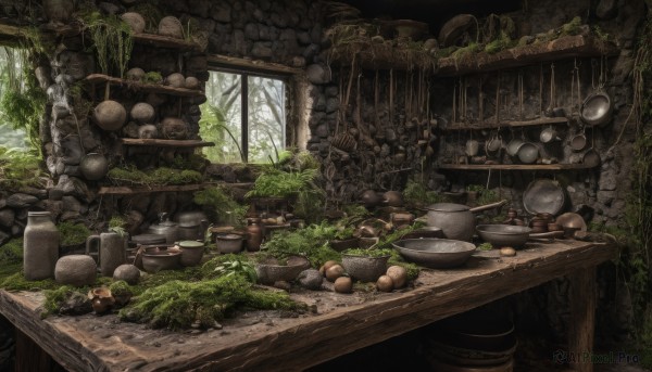 outdoors,food,day,indoors,tree,no humans,window,plant,nature,scenery,forest,bowl,rock,ruins,mushroom,cooking,moss,barrel,overgrown,log,wood,fruit,table,sunlight,bottle,spoon,fantasy,egg,ladle,kitchen,jar,stone wall