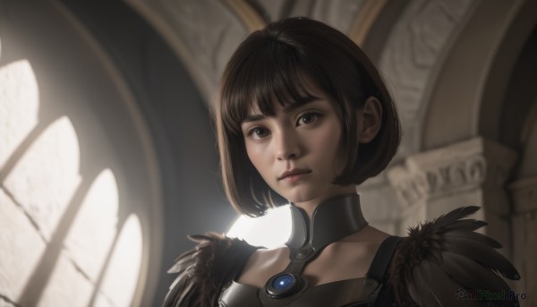 1girl,solo,looking at viewer,short hair,bangs,brown hair,black hair,brown eyes,closed mouth,upper body,choker,indoors,blunt bangs,blurry,black eyes,lips,window,bob cut,feathers,portrait,nose,collarbone,armor,sunlight,gem,backlighting