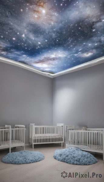 sky,cloud,indoors,no humans,window,night,chair,building,star (sky),night sky,scenery,starry sky,wooden floor,railing,space,outdoors,bed